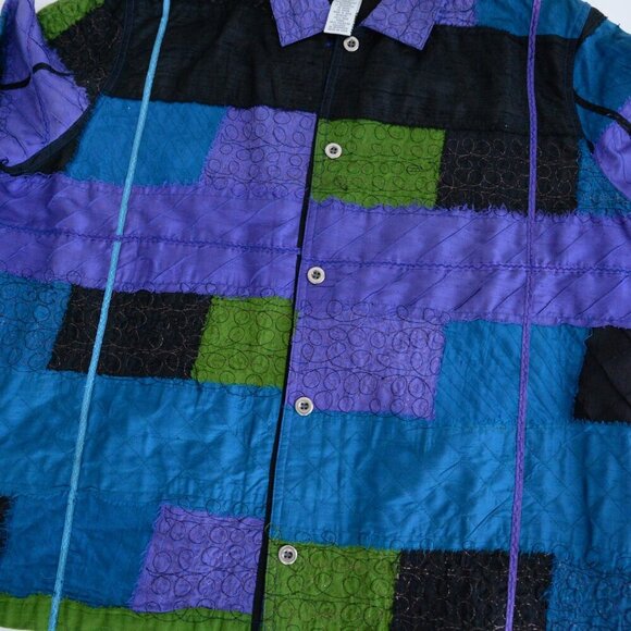 Vintage Easy Spirit Black Purple 100% Silk Patchwork Embroidery Button Jacket XL - Picture 7 of 10